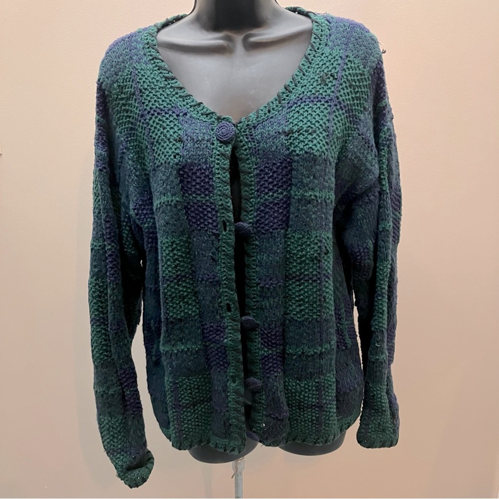 Kenji vintage green and blue button down hand-knitted cardigan sweater, L